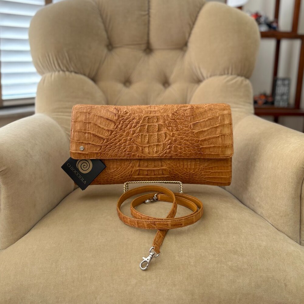 NEW Auth CHIOCCIOLA Genuine Caiman Crocodile Large Convertible Clutch Bag